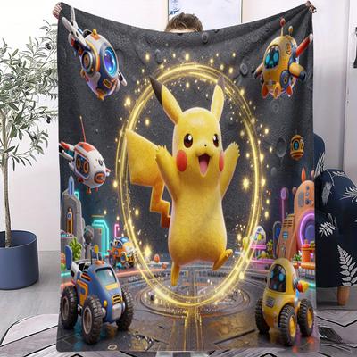 Pokemon Pikachu Cyber City TechThemed Blanket Warm Soft Street Trend Plush for Girls Boys for Bedroom Living Room Home Decor