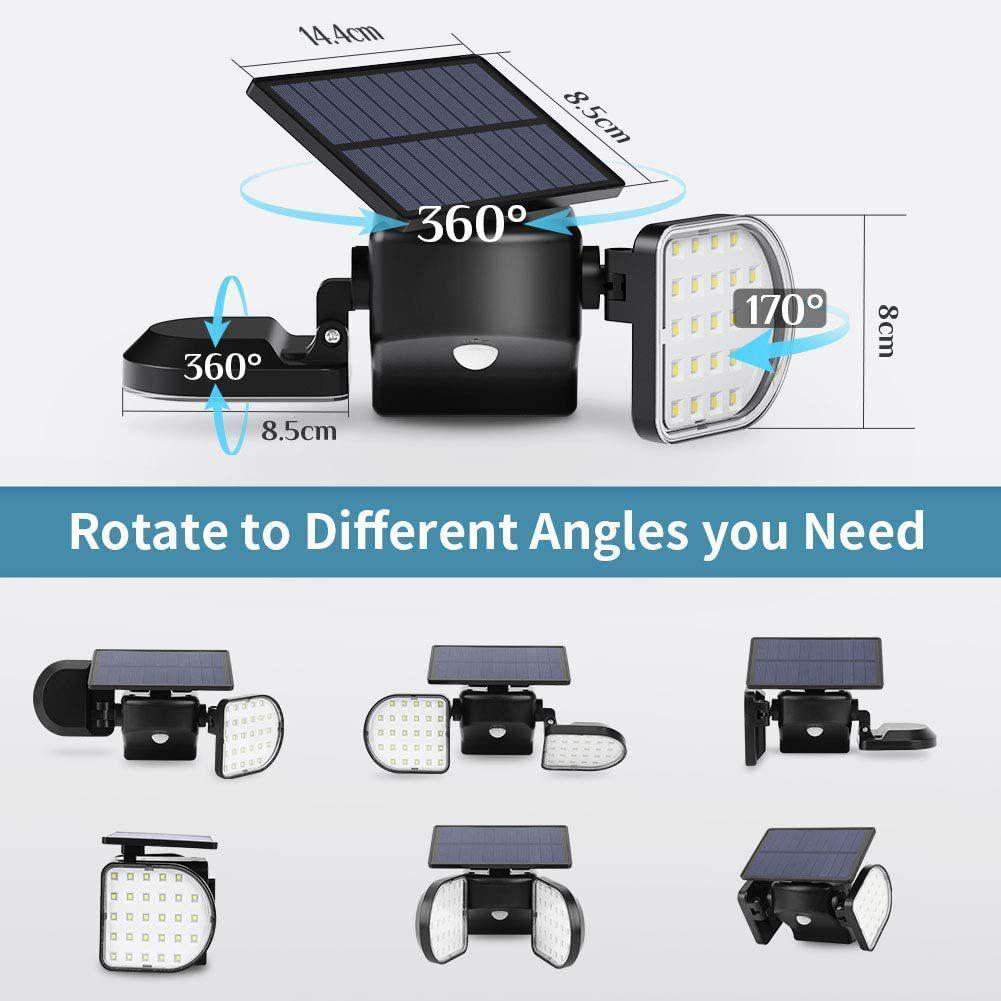 LED Double Head Solar Wall Spotlight with Motion Sensor for Outdoor Garden and Courtyard Lighting.