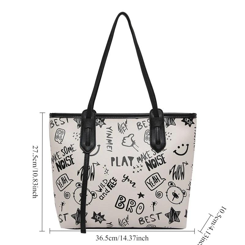 Neue Niedliche Cartoon-Aufdruck-Schultertasche, Große Kapazität Achseltasche, Süße und Künstlerische Tragetaschen, Modischer Reißverschluss