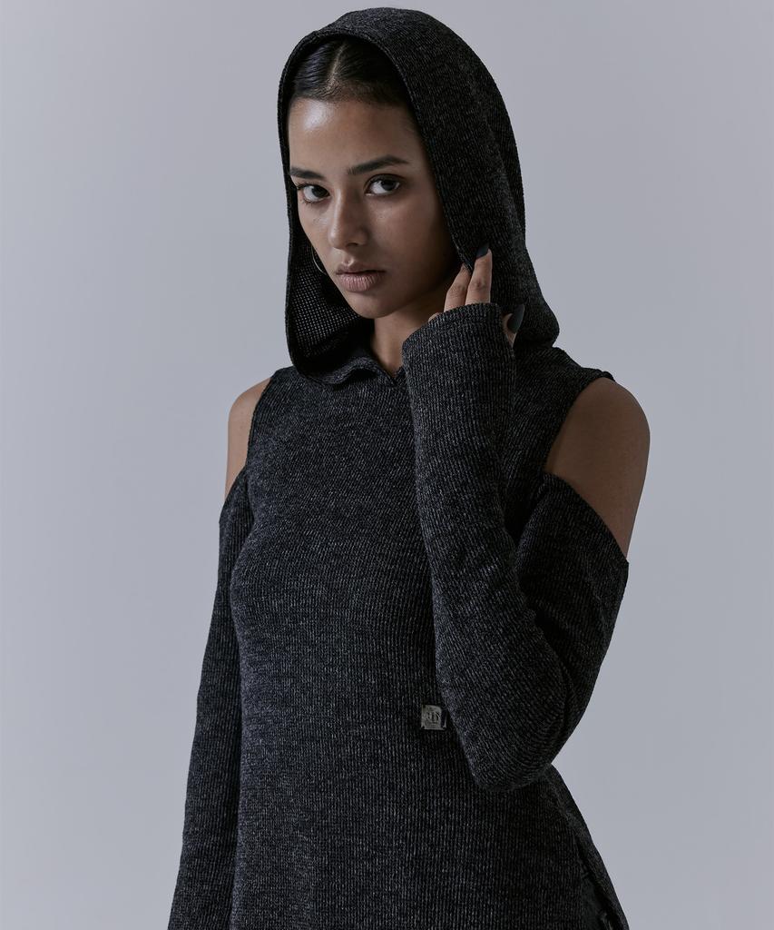 Teulimingbeodeu Hooded Cold-Shoulder One-Piece [ Charcoal ]