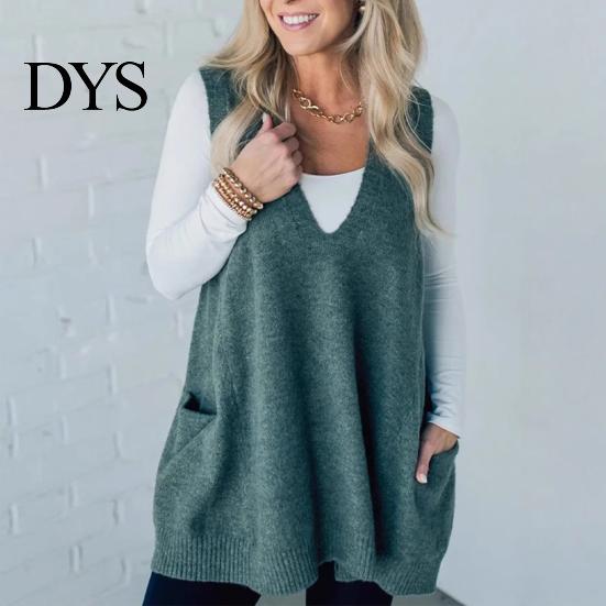 Sand Line Texture Vest Women Sweater V-neck Sleeveless Pockets Mid-length Knitting Jumper Tops Solid Color Autumn Winter Casual Knitwear Season