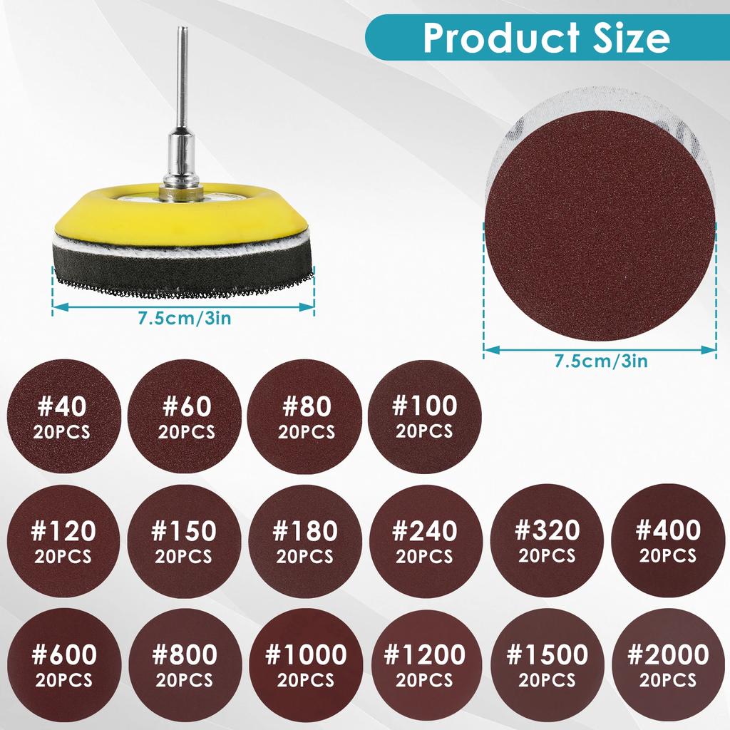 322Pcs Sanding Discs 3inch Aluminum Oxide Hook and Loop Sandpaper Round Polishing Sanding Discs Pads with 1/8inch Shank Backer
