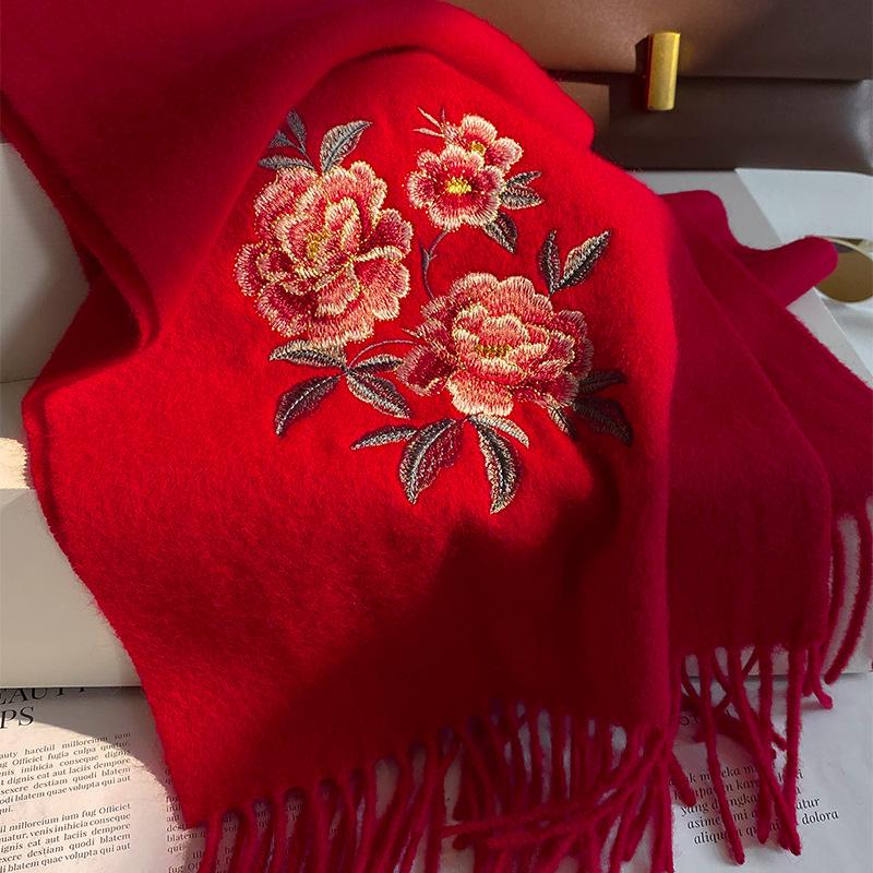 Luxury Embroidery 100% Wool Scarf Women Solid Floral Cashmere Handkerchief Warm Pashmina Female Shawl Pareo Soft Bufanda