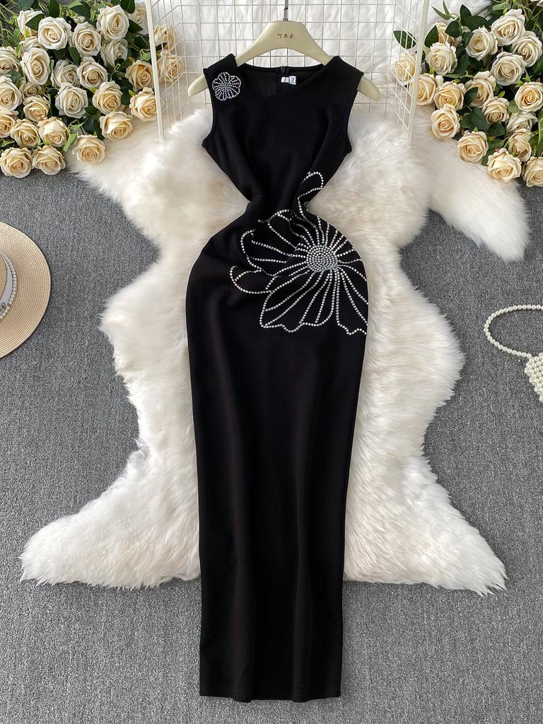 Dinner Party Dress Women's Summer High Sense Hot Diamond Flower V-Neck Sleeveless Slim Skinny Split Dress