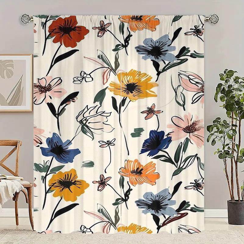 2Pcs- Dark Flowers - Printed Curtains -100% Polyester Material, Suitable for Bedroom Curtains and Living Room Decoration;