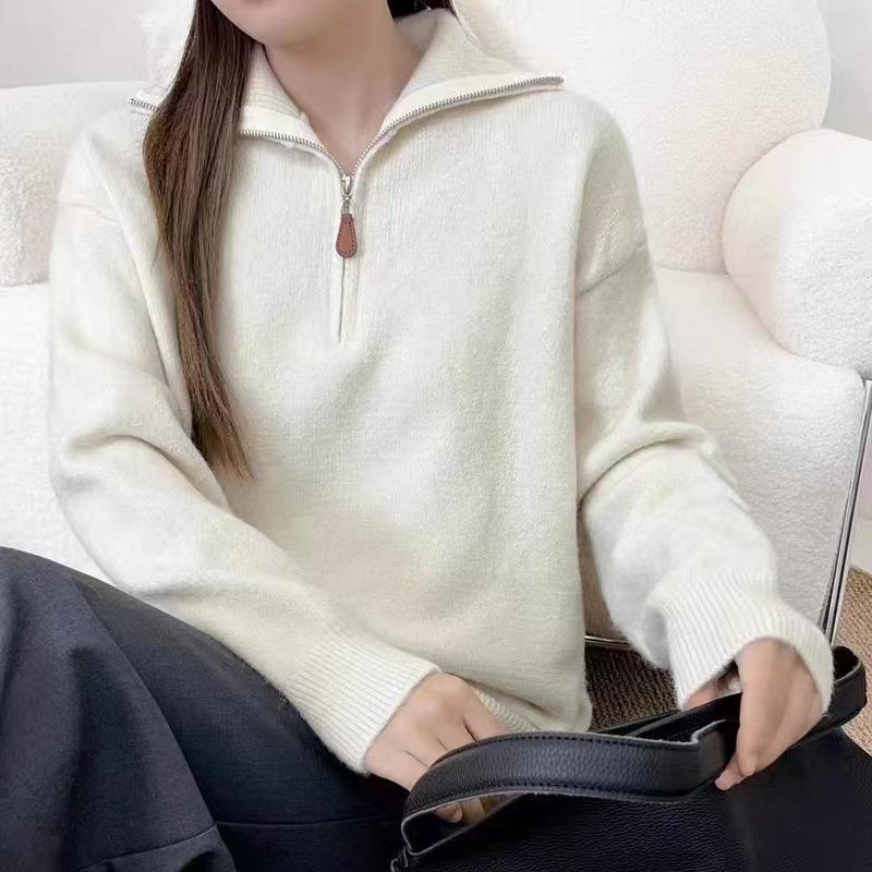 Korean Style Small Horse Embroidery Half-Zip Lapel Pullover Knitwear for Women
