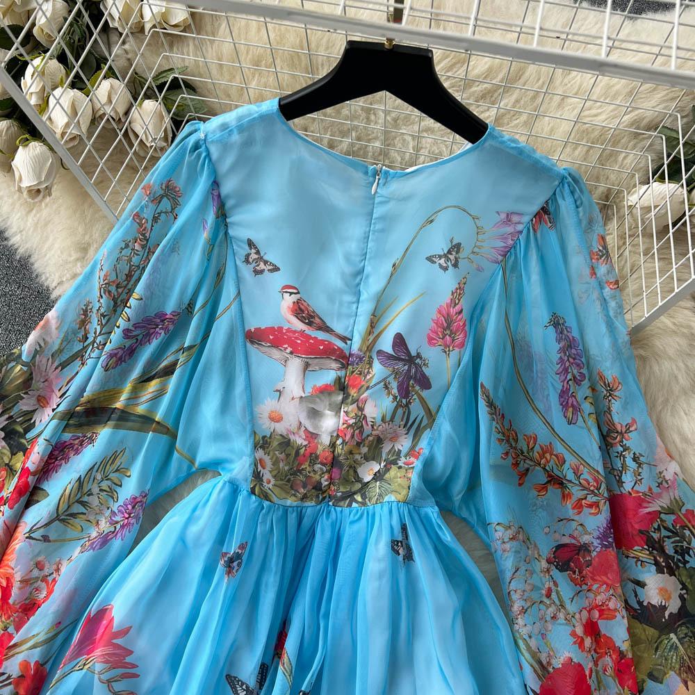 Böhmisches Vintage-Maxikleid für den Sommer, für Damen, O-Ausschnitt, Blumendruck, ausgestellte Ärmel, Chiffon, hohe Taille, lange Kleider