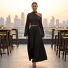 Women's Color One-Shoulder Long Sleeve Top and High-Waist Skirt Two-Piece Outfit Set