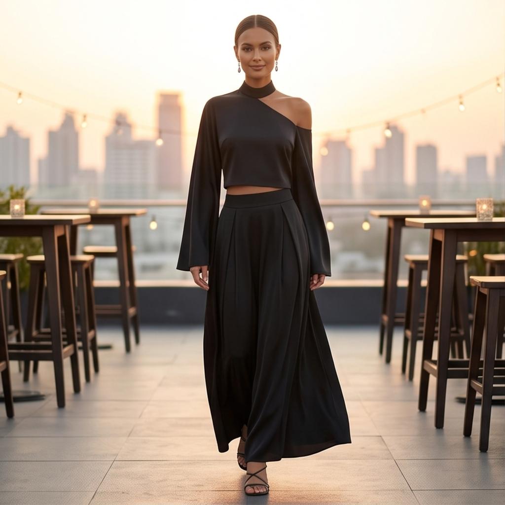 Women's Color One-Shoulder Long Sleeve Top and High-Waist Skirt Two-Piece Outfit Set