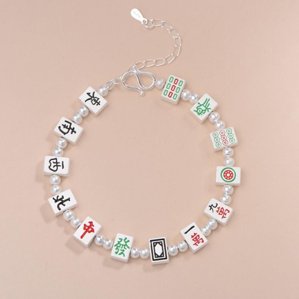Chinese Character Mahjong Beads Bracelets Hand Jewelry Adjustable Golden Mahjong Bracelet DIY Charm Hand Chain
