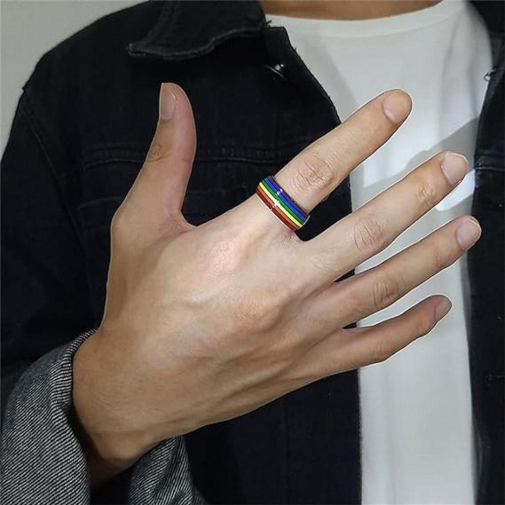 Rainbow Stripe Unisex Couple Rings Stainless Steel Finger Knuckle Bands Engagement