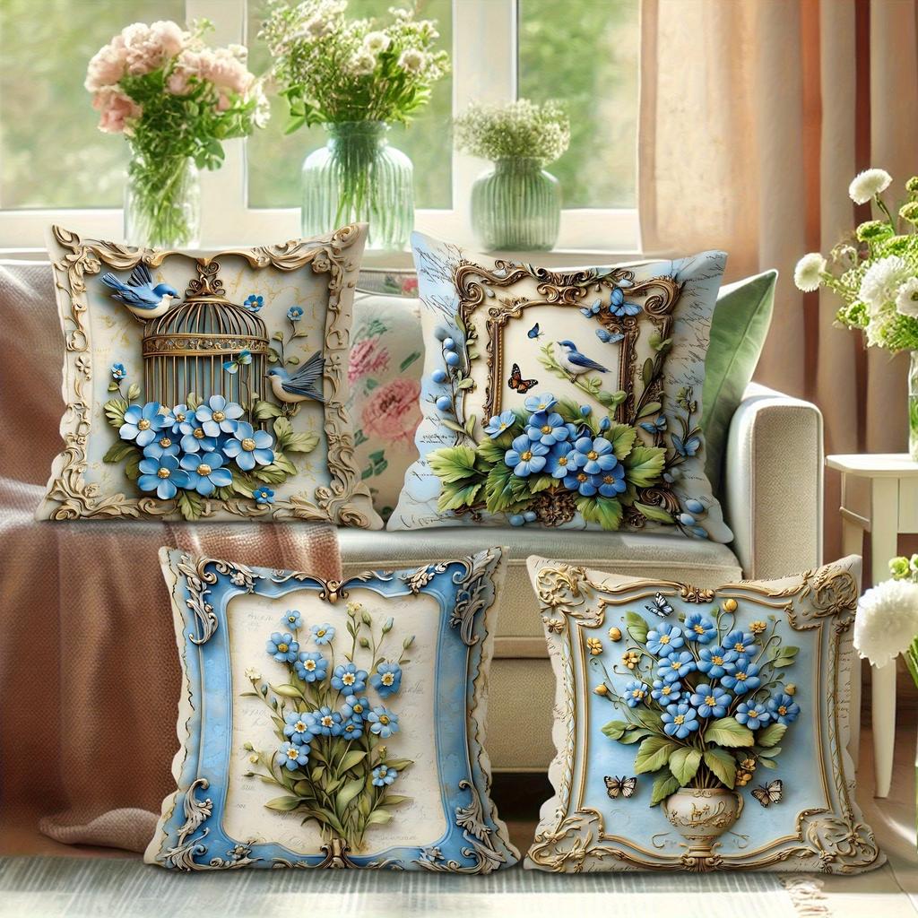 Heimdeko Blaue Blumen, Vögel & Schmetterlinge Kissenbezüge Muster Kissenbezug Geeignet für Sofa Schlafzimmer Auto Kissenbezug