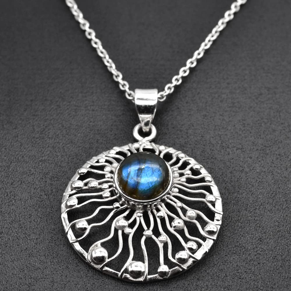 Round Cabochon Labradorite Pendant Necklace Solid 925 Sterling Silver Gemstone Pendant with Chain Jewelry For Women or Girls - 12.1 Gms