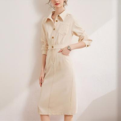 Spring and Summer New Contrasting Color Bright Line Tooling Dress Fashionable Lapel Casual Long Sleeve Women's Split-ended Long Dress