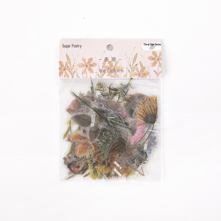 Floral Breeze Sugar Poem PET Sticker Pack: 40 Fresh Irregular DIY Floral Stickers In 6 Designs. Perfect for Diary Decoration!