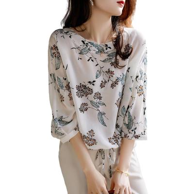 Blusa de Chiffon Translúcida com Estampa Botânica J-Scott, Cordão, Manga 3/4 Bufante, Branca, JS48-WH-L
