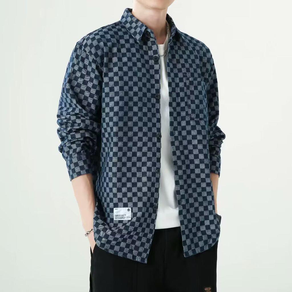 Men's Plaid Denim Jacket - Casual Loose Fit, Long Sleeve, Plus Size, Trendy Fall/Spring Style.