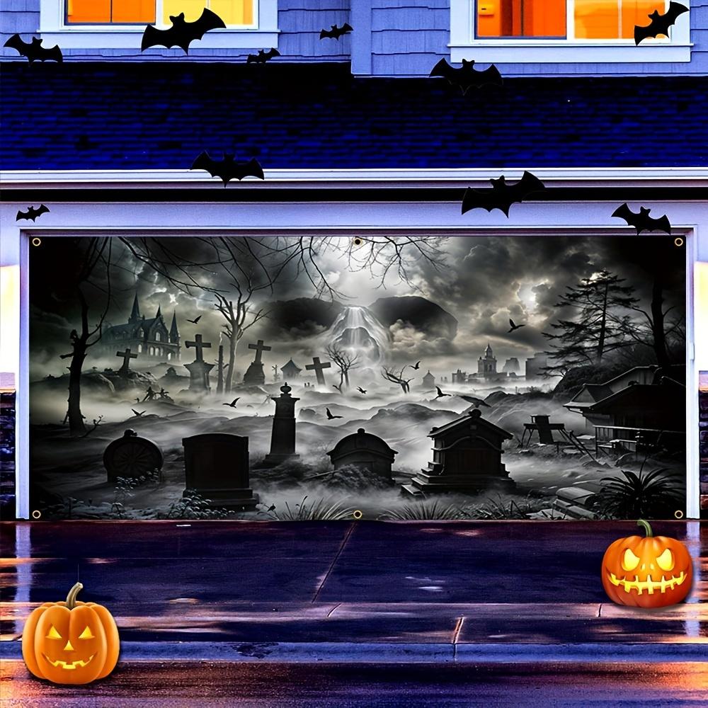 Halloween Garage banner - Durable polyester eerie cemetery and giant skull design Halloween horror party