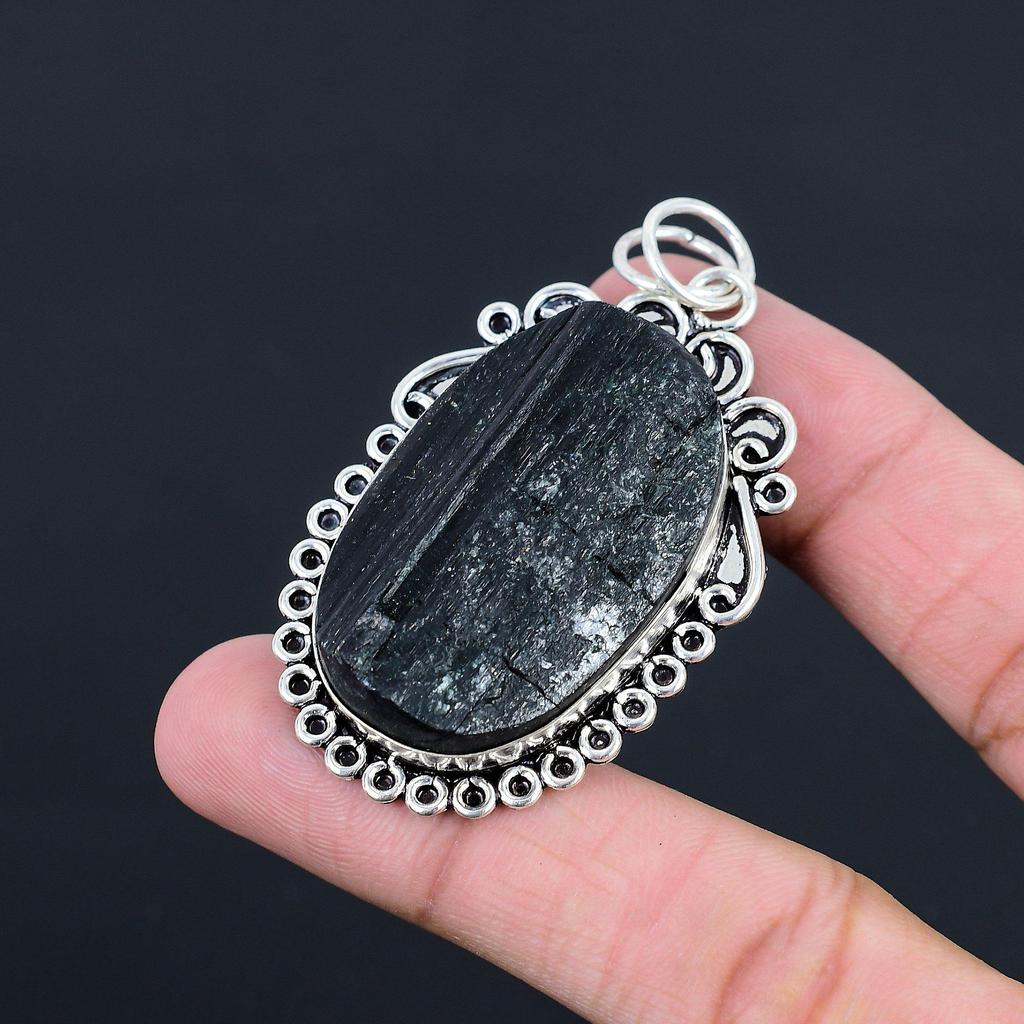 Natural Black Tourmaline Rough Gemstone 925 Sterling Silver Pendant For Women