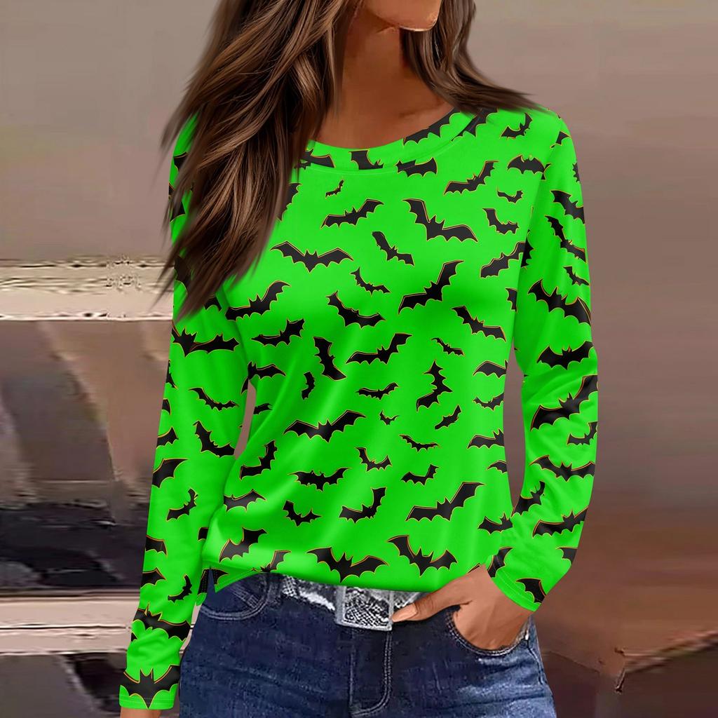 Damesmode Casual Split Zoom Ronde Hals Lange Mouw Los Halloween Bedrukt T-shirt Dames Top
