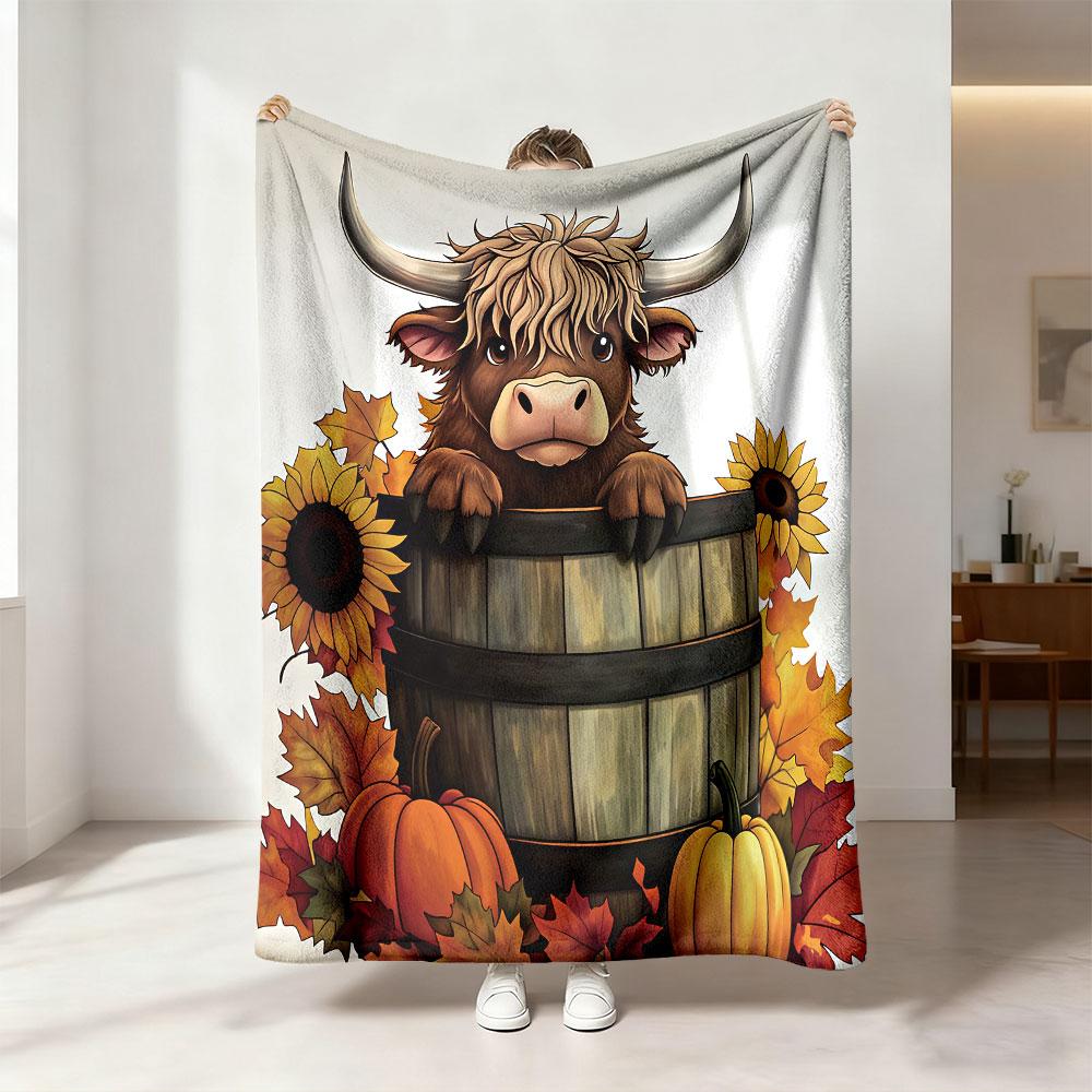 1pc wooden bucket highland cow sunflower maple leaf pumpkin blanket flannel blanket sofa nap time leisure blanket