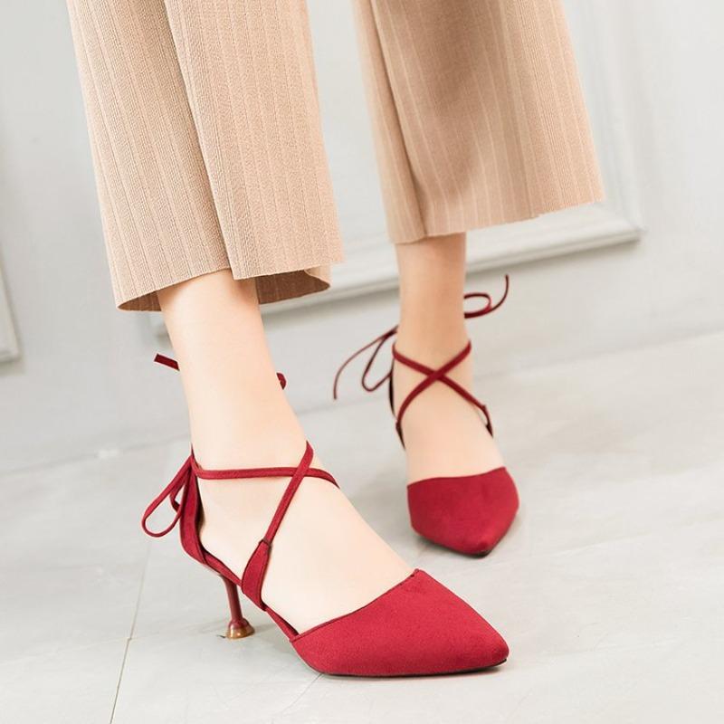 New stiletto high heels women's shallow mouth pointed head cross strap suede women's shoes fashion versatile fashion single shoes