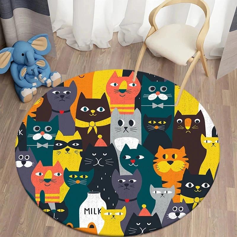 Cute Cat Round Carpet Cartoon Animal Cats Area Rug for Office Living Room Bedroom Decoration Non-slip Children's Crawl Floor Mat