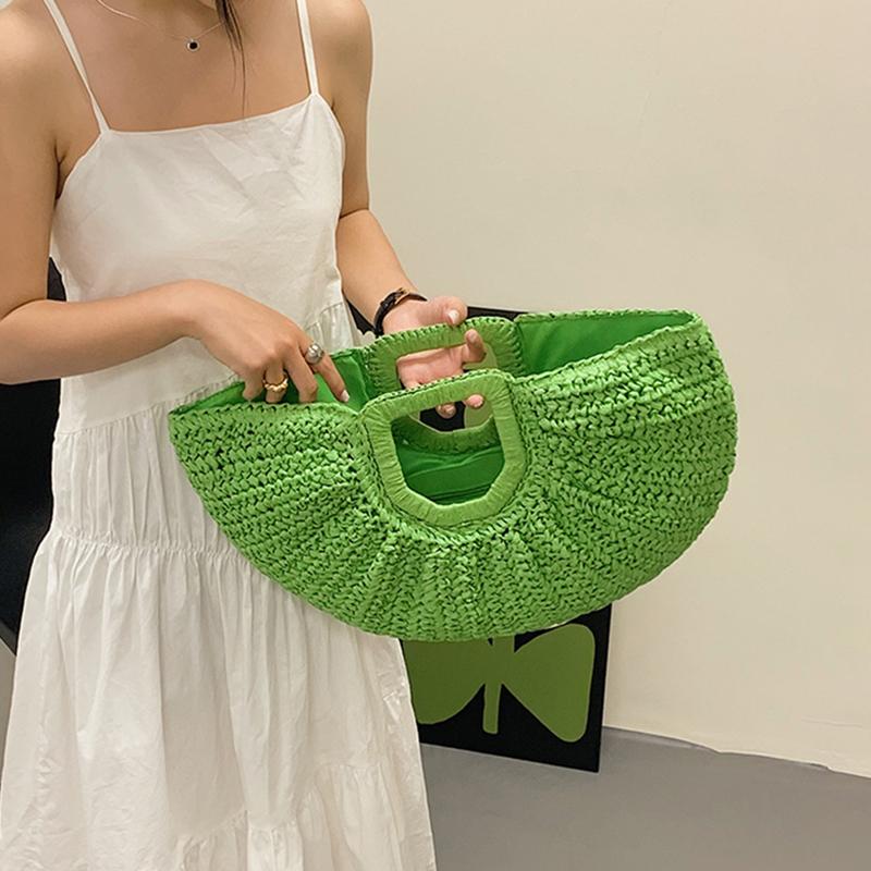 Sommerhalm Kvinner Half-moon Beach Handbag Rattan Håndlaget håndtak Mote Kintted Tote Bag