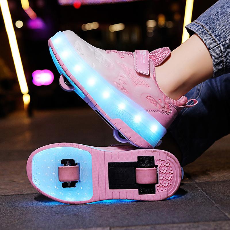 Boys Lights Sports Shoes Rubbing Shoes Charging /Disassembling Tow Wheels Slide Shoes LED Kids Glowing Sneakers