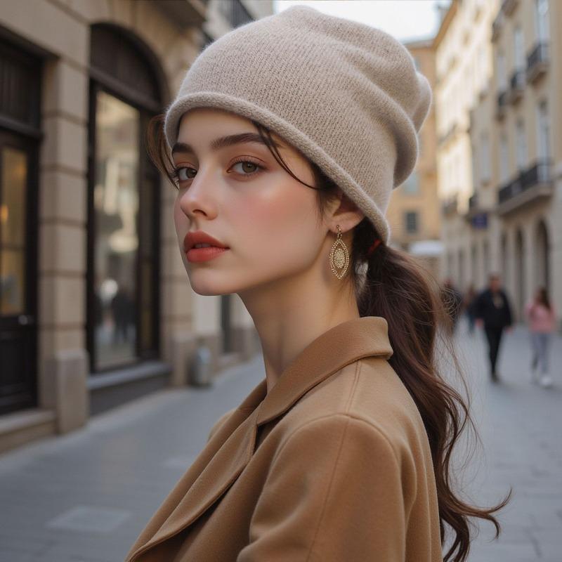 

Fashion Winter Solid Color Leisure Soft Keep Warm Knitted Hat Women Ear Protection Big Head Circumference No Eaves Baotou Skull Cap хаки