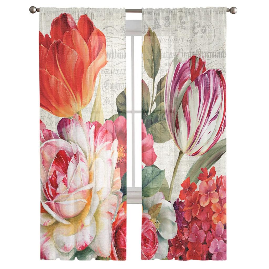 Vintage Blumen Tulpen Ölgemälde Fenster Vorhänge Sheer Chiffon Tüll Vorhang Hause Wohnzimmer Hintergrund Dekoration