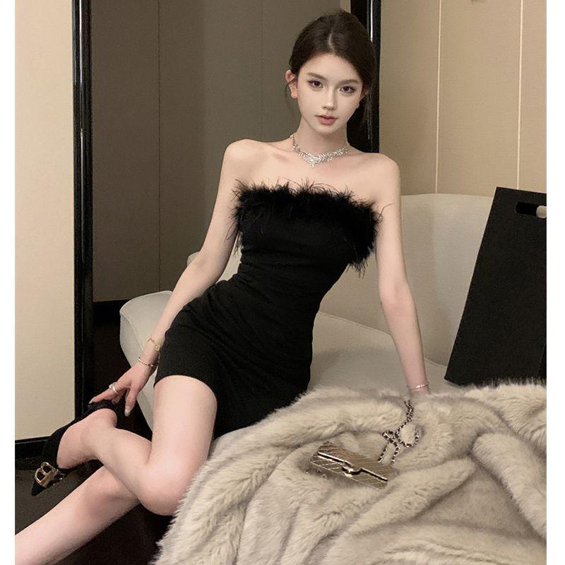 Elegant Fur Bandeau One-Shoulder Bodycon Party Dress - Spring Trend