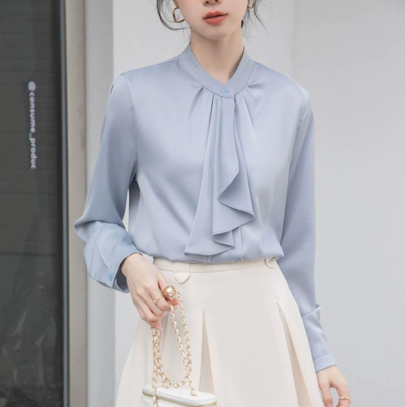Women's Long Sleeve Blouse Stand Collar Office Elegant Blouse French Bow Tie Solid Color Commuter Shirt Top