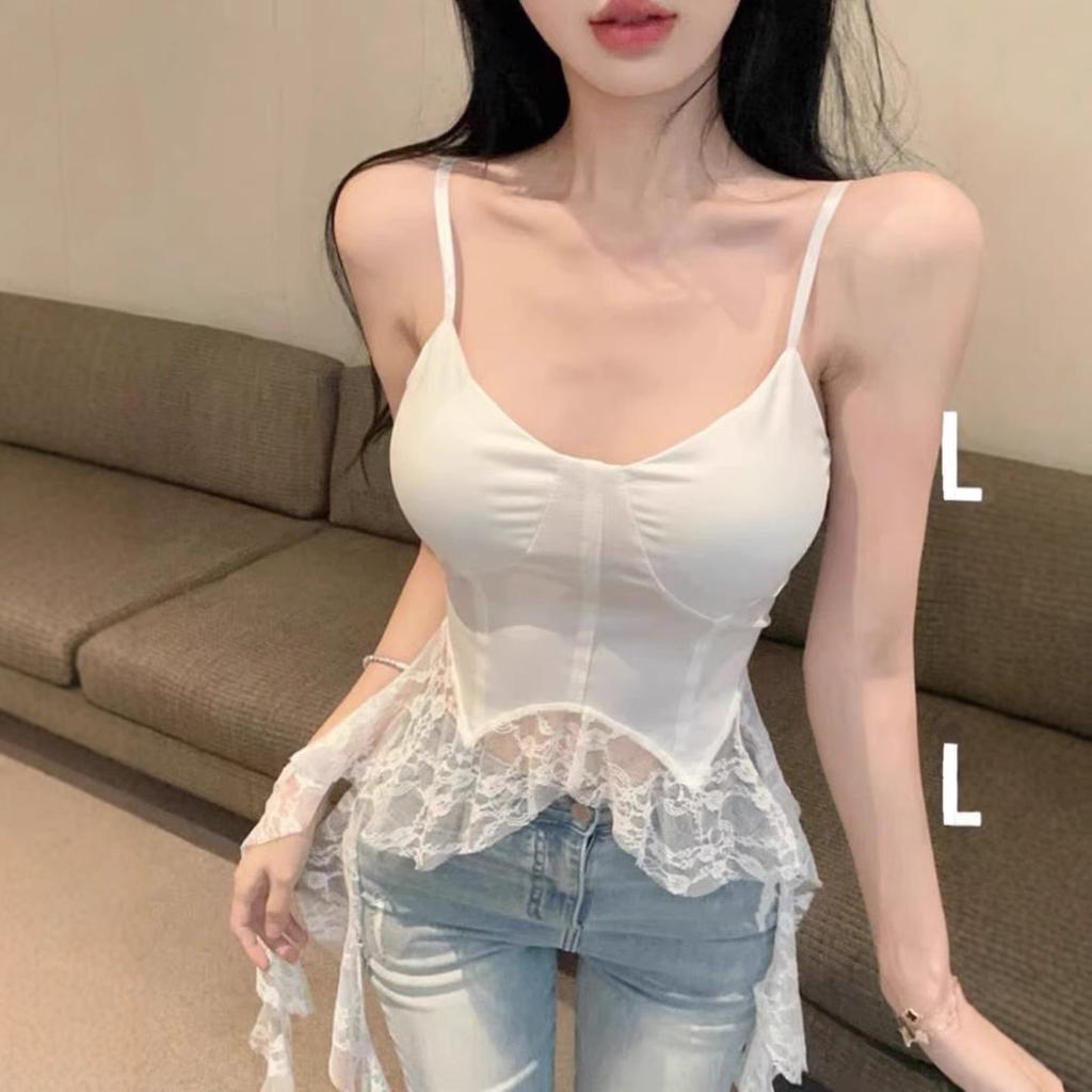 Black White Satin Corset Spaghetti Strap Camisole With Irregular Lace Ruffle Hem Built-in Padded Bra Slim Fitted Women Sleeveless Top