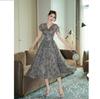 Summer Women's French Retro V-neck Temperament, Waist Cinching Printed Large Swing Long Dress