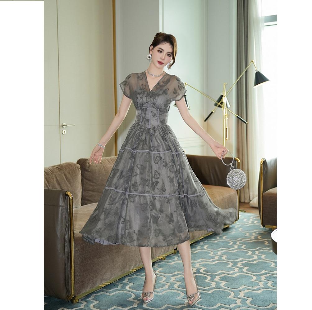 Summer Women's French Retro V-neck Temperament, Waist Cinching Printed Large Swing Long Dress