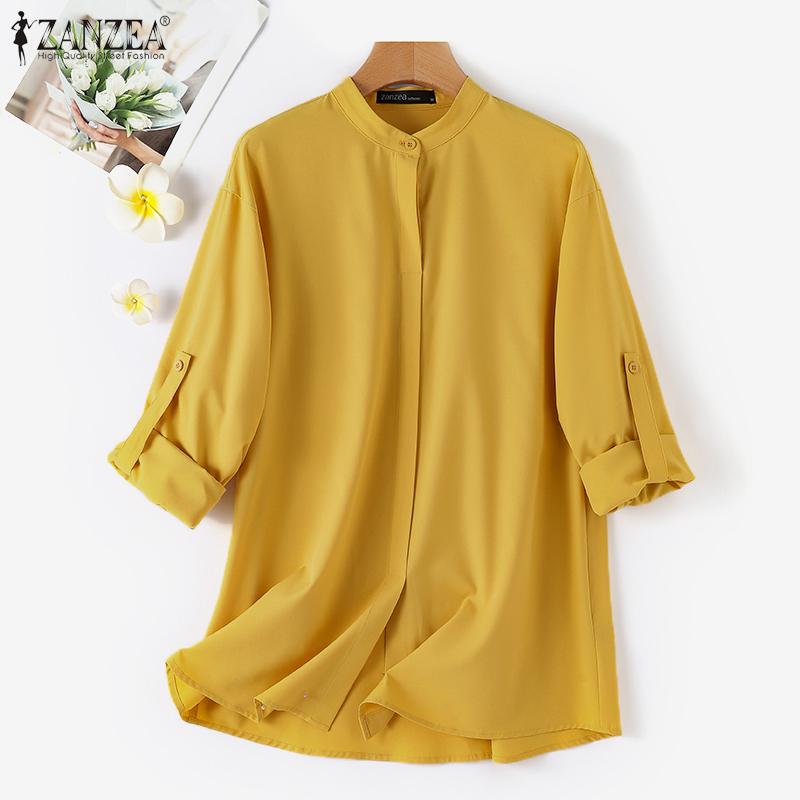 

ZANZEA Женские повседневные свободные блузки с круглым вырезом и длинными рукавами на пуговицах, рубашки