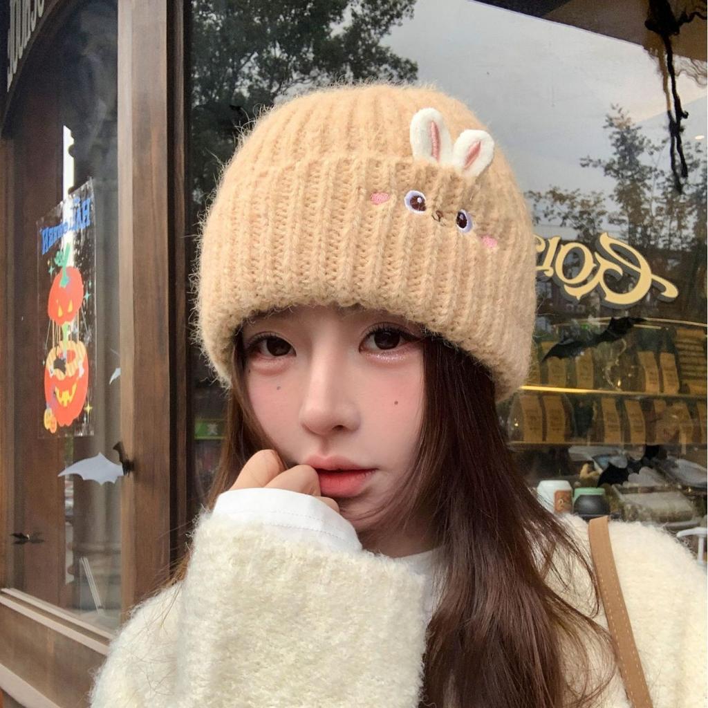 Winter Female Warm Cute Rabbit Knitted Hat Casual Versatile Thickened Warm Ear Protection Simple Wool Hat