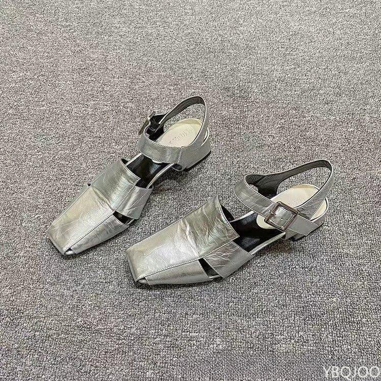 2025 new Summer Hollow Out Women Sandals Fashionable versatile Silver Chunky Pumps Luxury Design Buckle Strap Slingback Shoes
