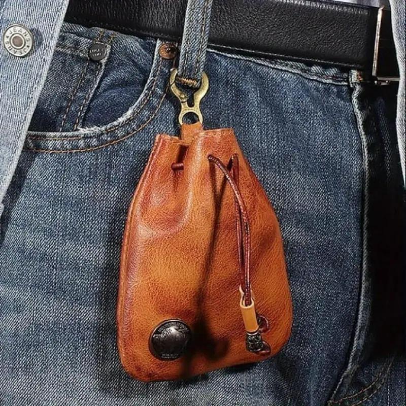 Vintage Vegetable-Tanned Leather Wallet, Pattern with Gold Hardware, Drawstring Zipper Coin Purse, Card Holder & Key Case