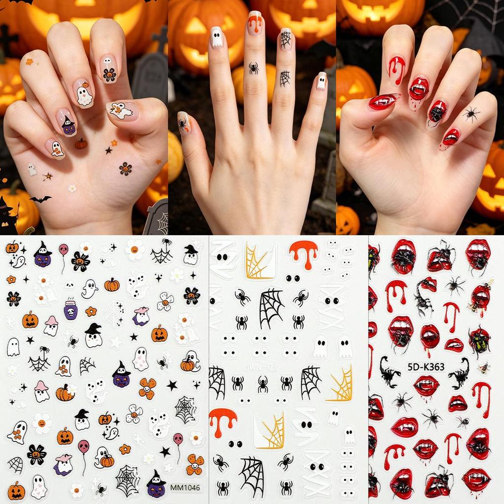 Halloween Cartoon Ghost & Spider Nail Stickers - Cute Internet Celebrity Design with Lip Back Adhesive