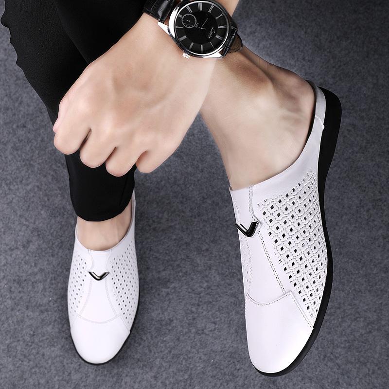 2022 Summer Half Drag Peas Genuine Leather Men Shoes Breathable Men'S Slippers Loafers Mens Moccasins High Quality Business Shoe