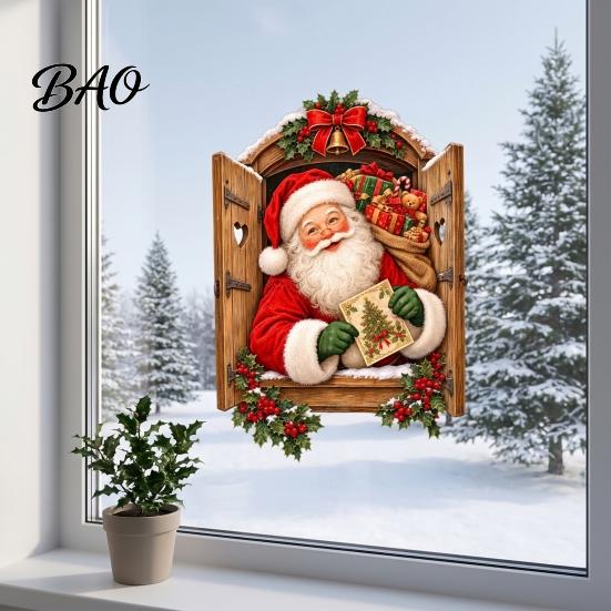 Removable PVC Decals 3D Santa Claus Christmas Wall Sticker, Vintage Through Wooden Window Decal, Decorative Film Peel And Stick Mural Art for Holiday