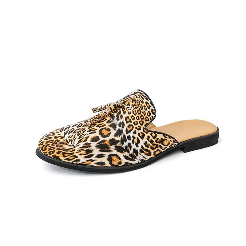 Men's Big Size Leopard Print Slip-On Mules Summer Leather Slippers Comfortable Casual House Shoes Breathable Open Toe Sandals