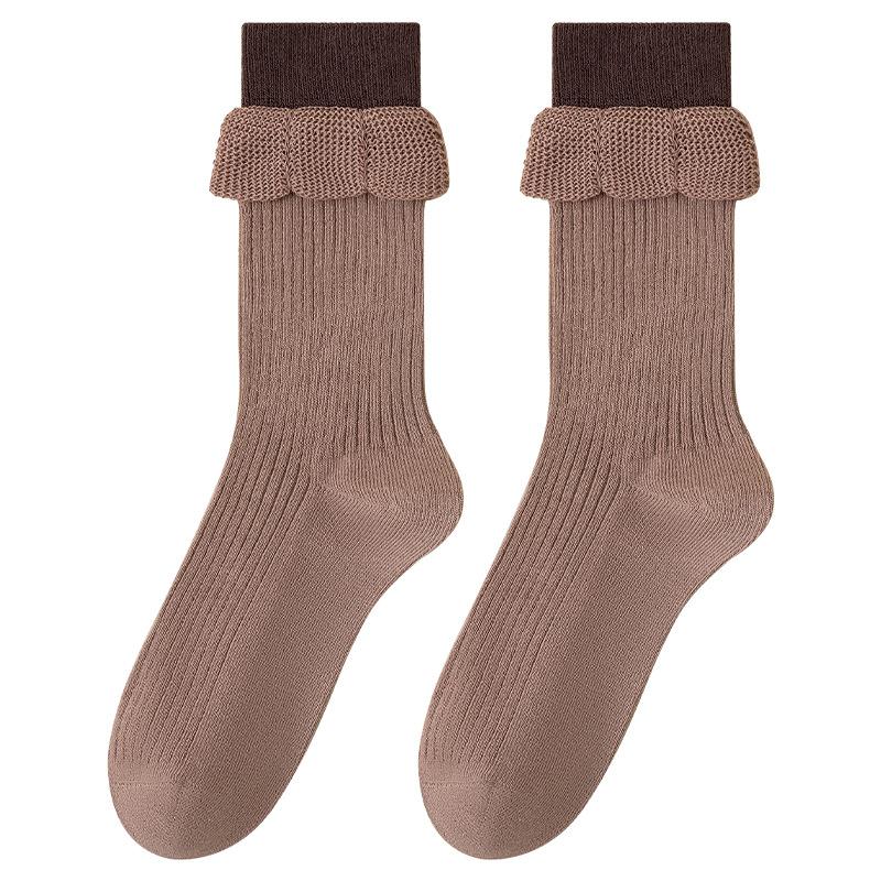 Socks for Women Spring and Autumn, Mid-tube Double Ribbed Cotton Socks Bubble Mouth Autumn and Winter Loose Mouth Yuezi Pile Socks