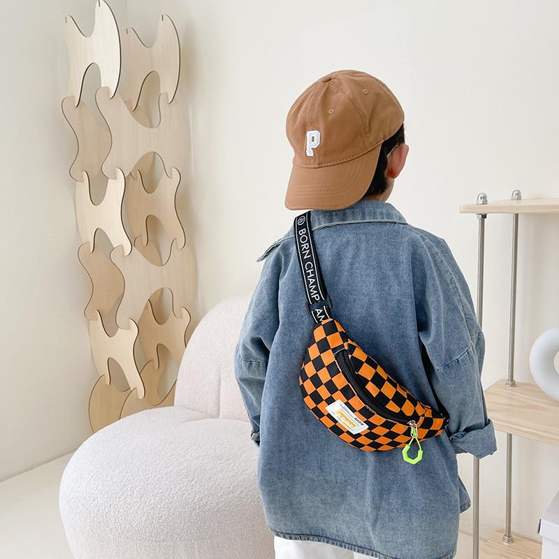 Stylish Children's Checkered Pattern Sling Bag Durable Canvas Crossbody Backpack With Large Capacity For Snacks