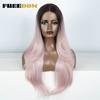 FREEDOM 28 Inch Straight Synthetic Lace Front Wigs For Women Ombre Brown Blonde Highlight Layer Cosplay Lace Wigs Heat Resistant