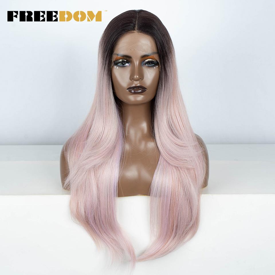 FREEDOM 28 Inch Straight Synthetic Lace Front Wigs For Women Ombre Brown Blonde Highlight Layer Cosplay Lace Wigs Heat Resistant