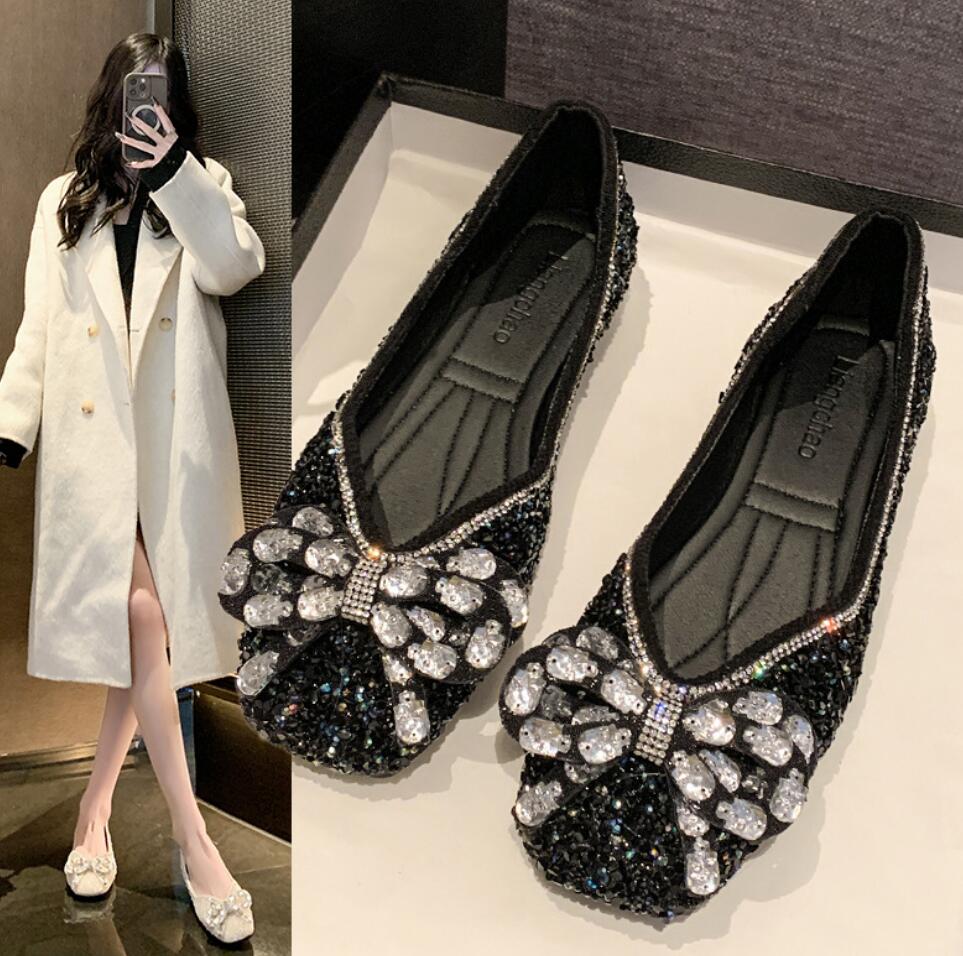 Fashion 2024Spring Woman Elegant Square Toe Sequins Kawaii Ballet Flats Barefoot Designer Luxury Mary Jane Female Shoes Party shoes