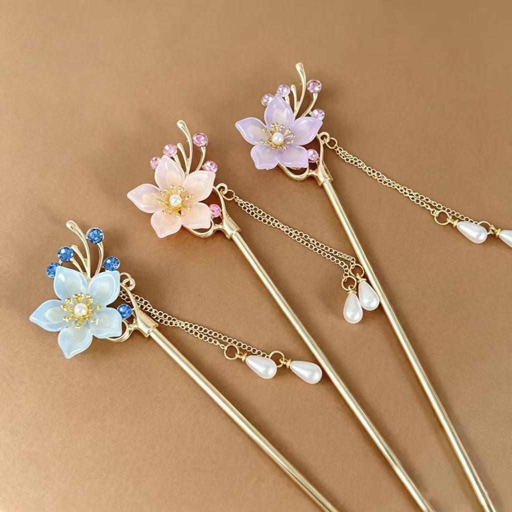 Tricolor Flower Hairpin: High-End Hanfu Headdress & Buyao Ornament